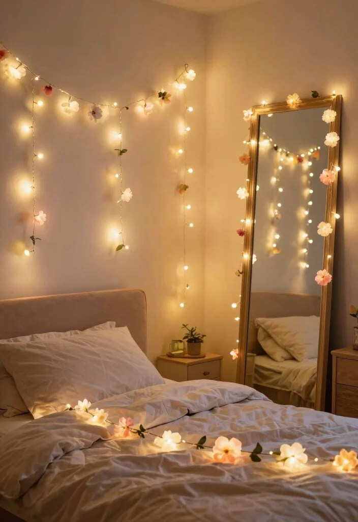 16 Flower Wall Bedroom Room Decor Ideas for a Romantic Whimsical Touch - 5. Flower String Lights 1