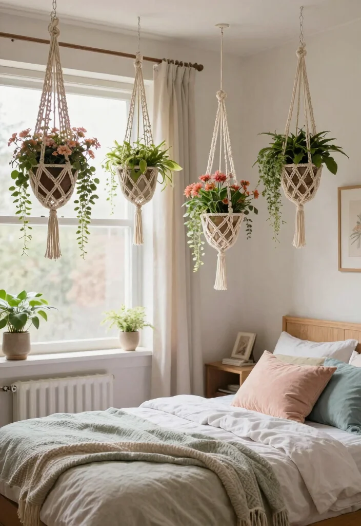 16 Flower Wall Bedroom Room Decor Ideas for a Romantic Whimsical Touch - 6. Floral Hanging Planters 1