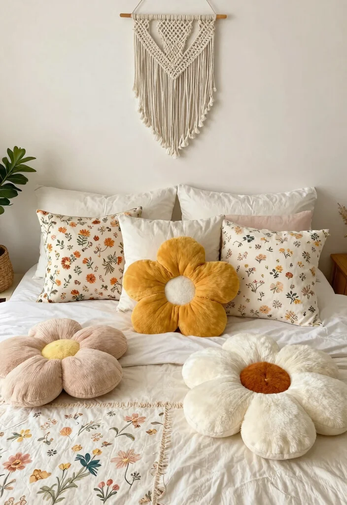 16 Flower Wall Bedroom Room Decor Ideas for a Romantic Whimsical Touch - 7. Flower Accent Pillows 1