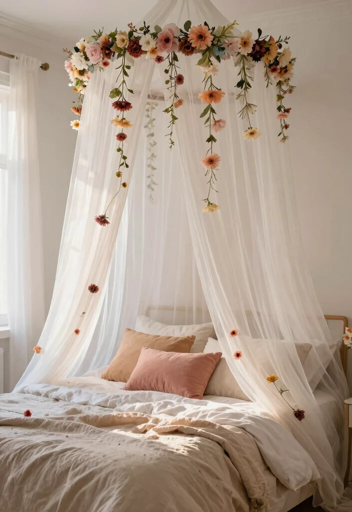 16 Flower Wall Bedroom Room Decor Ideas for a Romantic Whimsical Touch - 9. Flower-Themed Bed Canopy 1