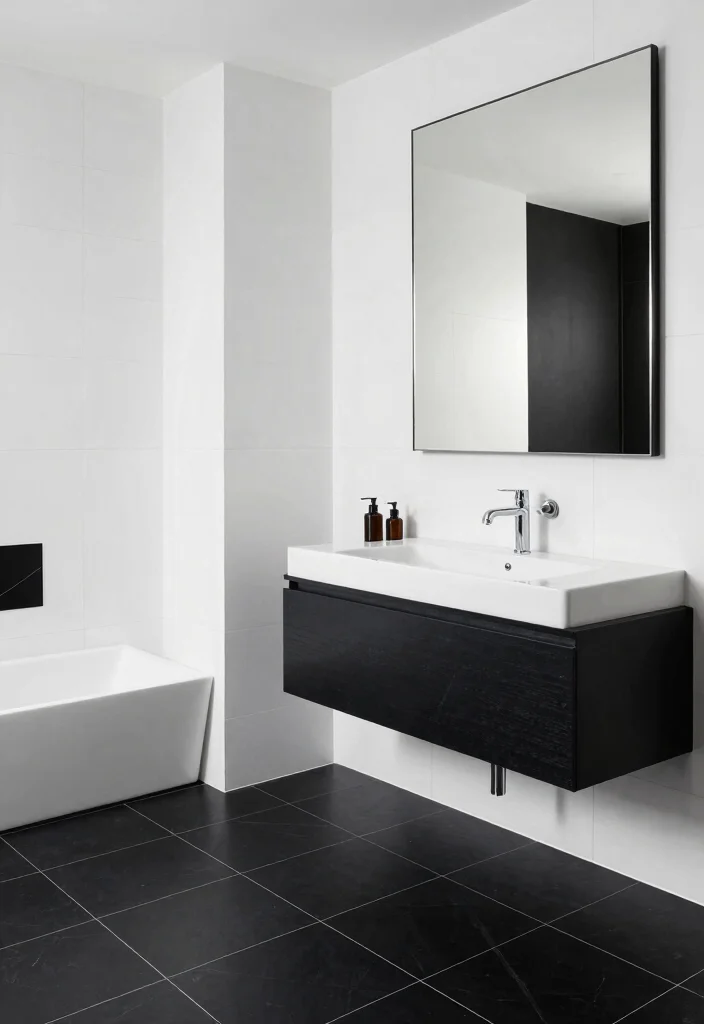 16 Large Tile Bathroom Ideas For A Seamless Look - 6. Minimalist Black and White Combo 1