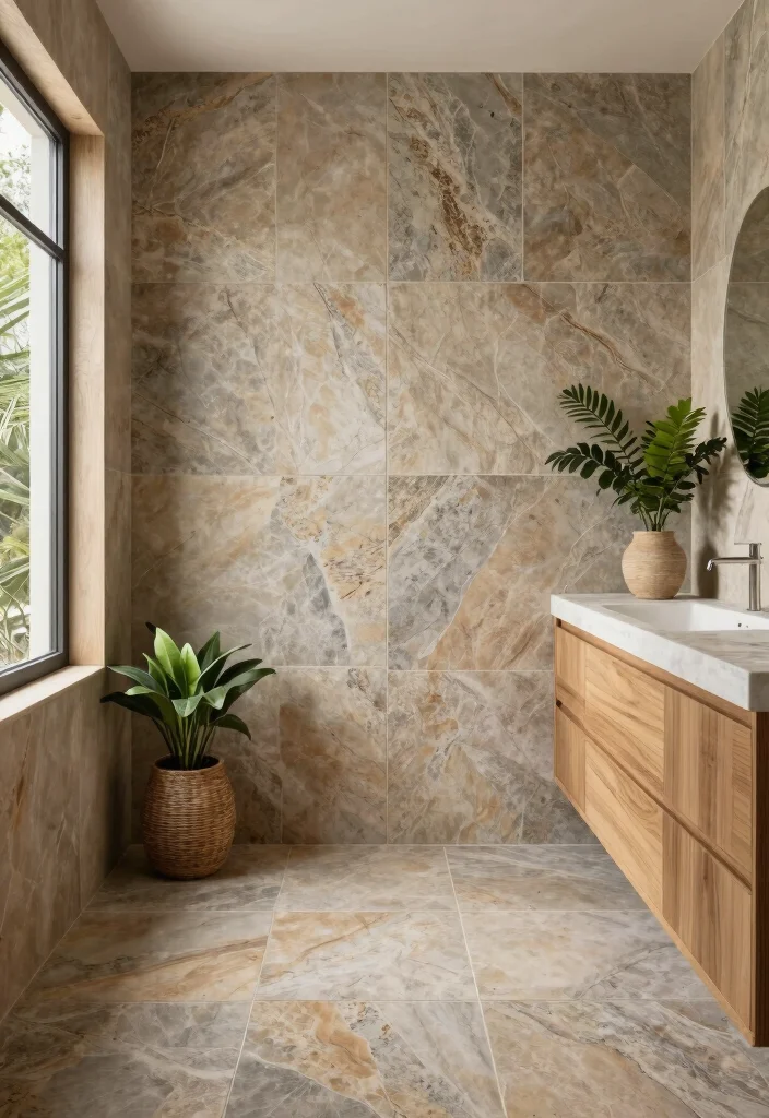 16 Large Tile Bathroom Ideas For A Seamless Look - 9. Natural Stone-Inspired Tiles 1
