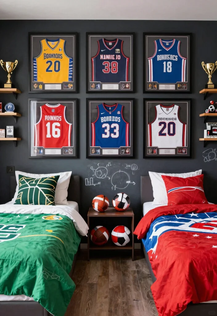 16 Twin Bedroom Ideas for Boys: Fun Practical Layouts - 1. Sports Jersey Paradise 1