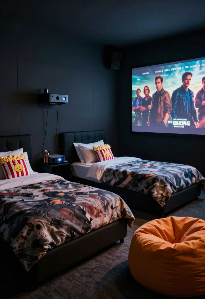 16 Twin Bedroom Ideas for Boys: Fun Practical Layouts - 10. Movie Night Retreat 1