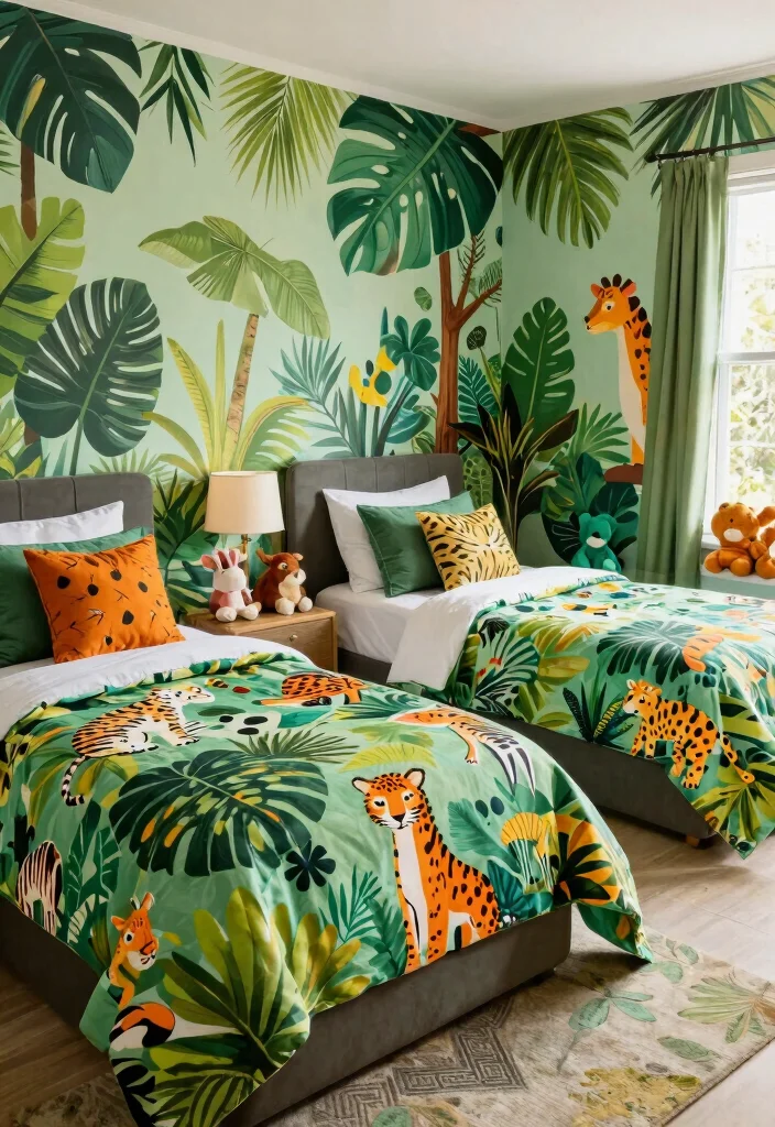 16 Twin Bedroom Ideas for Boys: Fun Practical Layouts - 13. Bright and Bold Jungle 1