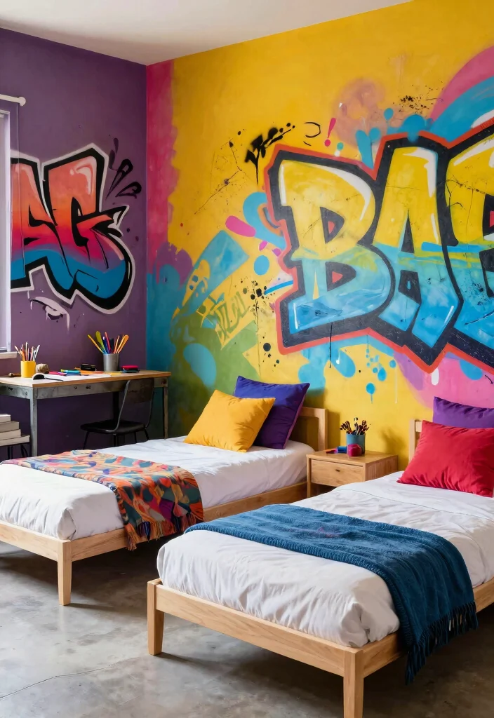 16 Twin Bedroom Ideas for Boys: Fun Practical Layouts - 5. Colorful Graffiti Vibe 1