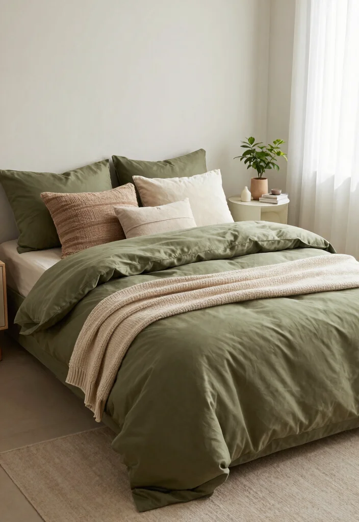 17 Olive Green Bedroom Decor Ideas for a Calm, Trendy Style - 1. Embrace Olive Green Bedding 1