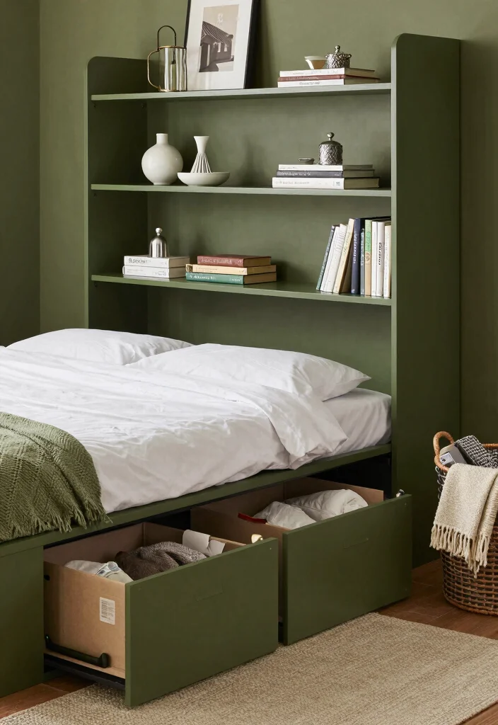 17 Olive Green Bedroom Decor Ideas for a Calm, Trendy Style - 12. Functional and Stylish Storage 1