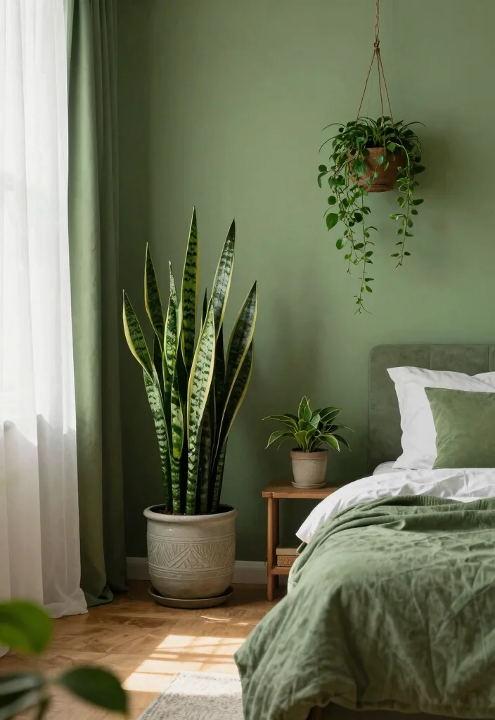 17 Olive Green Bedroom Decor Ideas for a Calm, Trendy Style - 4. Greenery and Nature-inspired Decor 1
