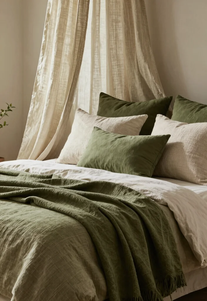 17 Olive Green Bedroom Decor Ideas for a Calm, Trendy Style - 8. Green and Natural Textiles 1