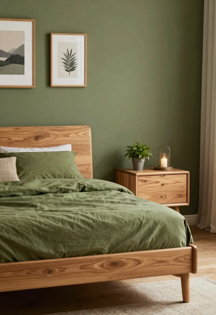 17 Olive Green Bedroom Decor Ideas for a Calm, Trendy Style - 9. Natural Wood Accents 1