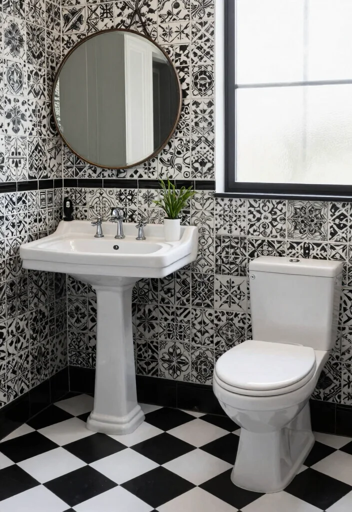 17 Pattern Tile Bathroom Ideas That Make A Statement - 5. Black and White Classic 1