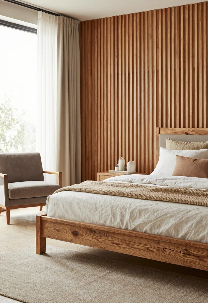 17 Wooden Slat Wall Bedroom Ideas: Warm Modern Texture - 12. Complementing Furniture 1