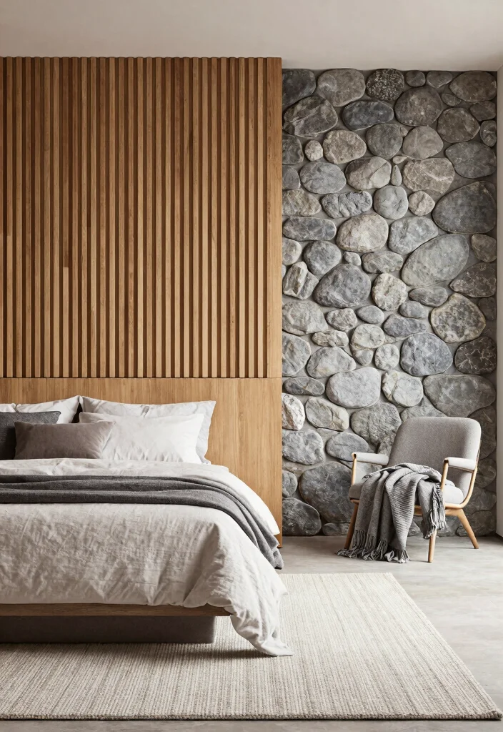 17 Wooden Slat Wall Bedroom Ideas: Warm Modern Texture - 4. Mixing Materials 1