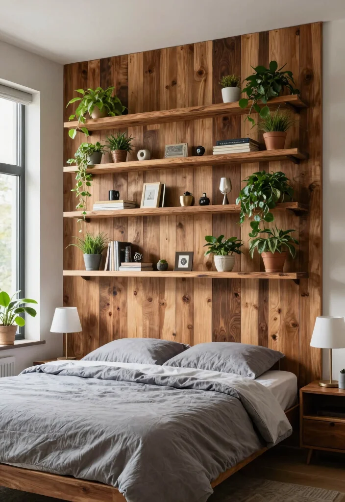 17 Wooden Slat Wall Bedroom Ideas: Warm Modern Texture - 5. Floating Shelves on Slat Walls 1