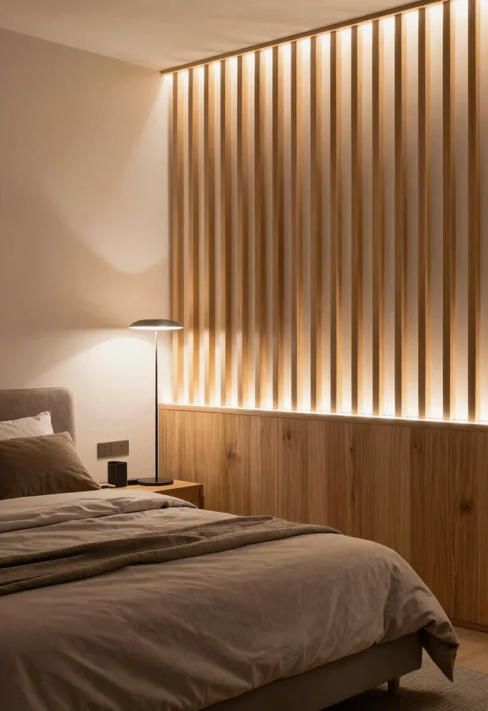17 Wooden Slat Wall Bedroom Ideas: Warm Modern Texture - 7. Integrated Lighting 1