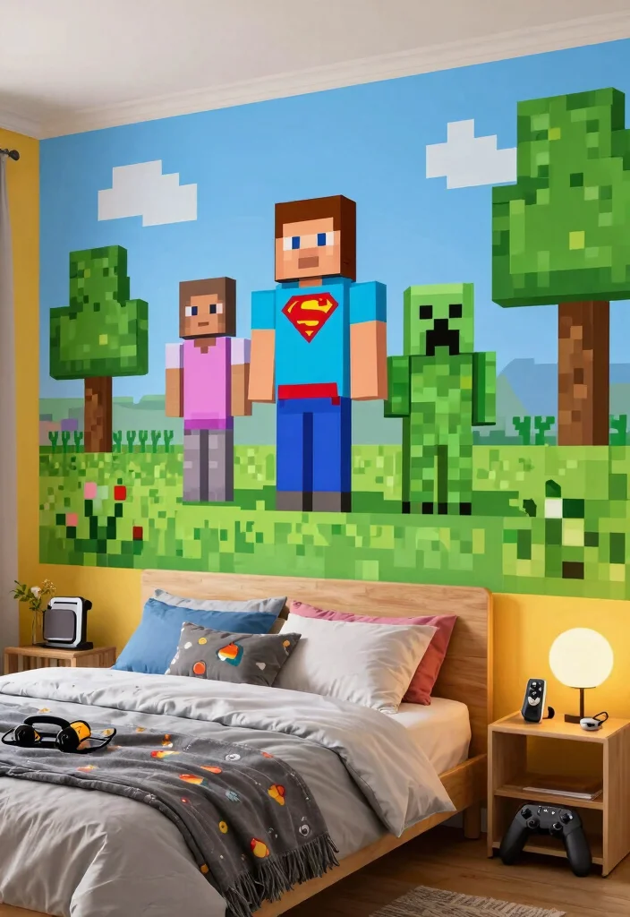 18 Cute Minecraft Bedroom Ideas: Fun Game-Inspired Rooms - 1. Pixel Art Wall Mural 1