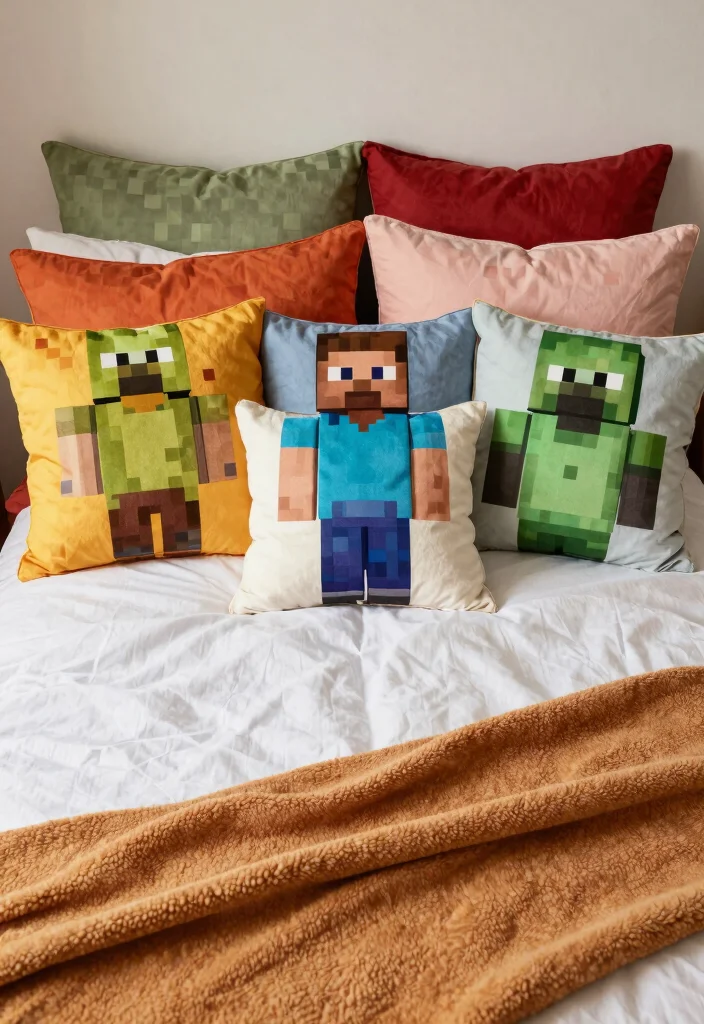 18 Cute Minecraft Bedroom Ideas: Fun Game-Inspired Rooms - 13. Fun Themed Pillows 1