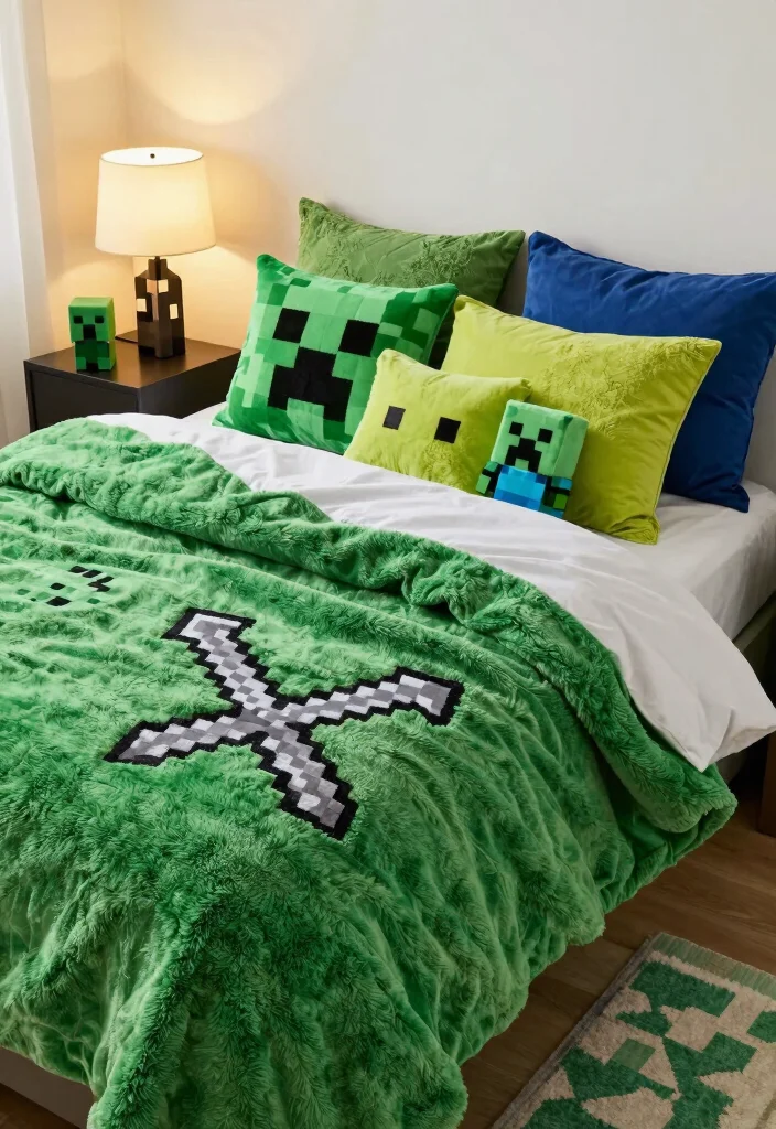 18 Cute Minecraft Bedroom Ideas: Fun Game-Inspired Rooms - 2. Minecraft-Themed Bedding 1