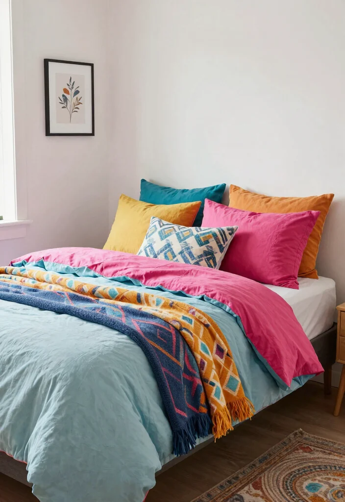 18 Small Bedroom Ideas With Stylish Compact Layouts - 14. Colorful Bedding to Brighten the Space 1