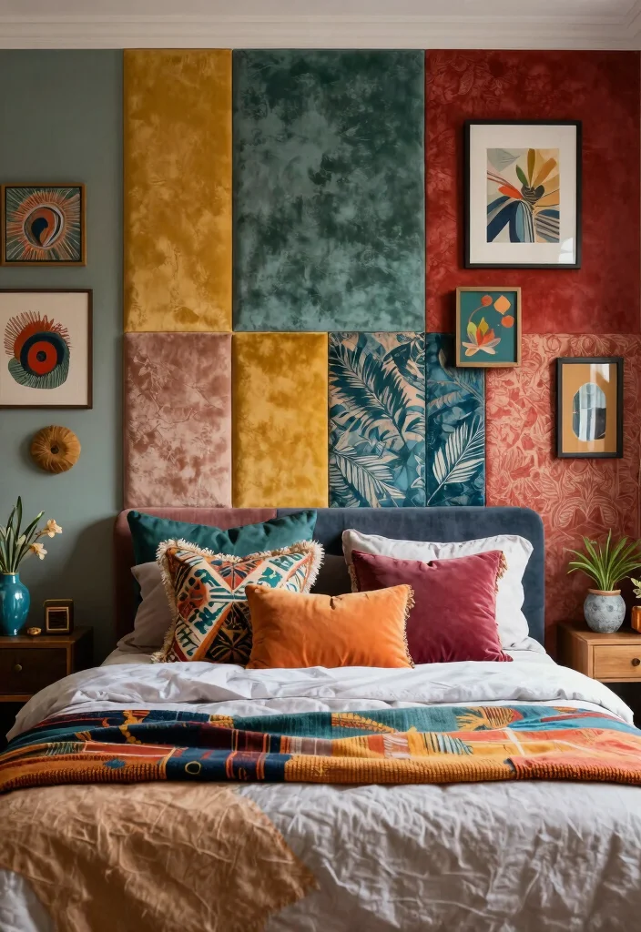 18 Upholstered Wall Panels Bedroom Ideas for a Luxe Cozy Finish - 10. Eclectic Mix of Patterns and Textures 1