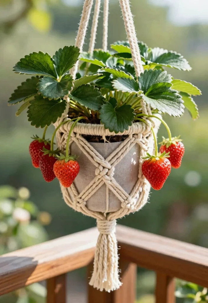 12 Hanging Strawberry Planter Ideas for Small Balconies and Patios - 1. Macramé Hanging Planters 1