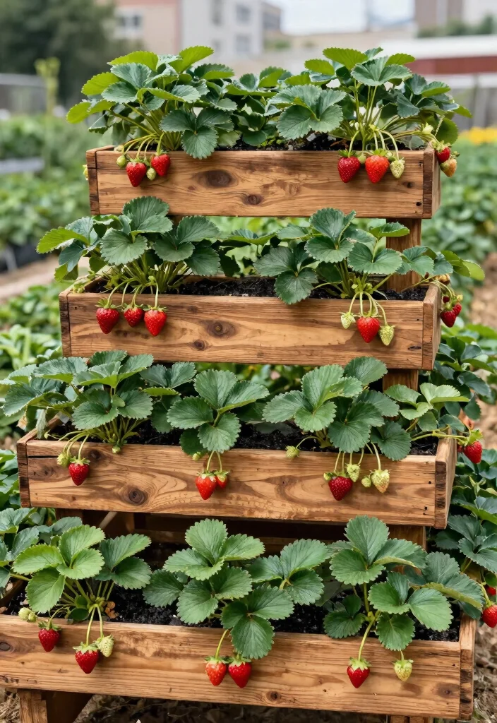 12 Hanging Strawberry Planter Ideas for Small Balconies and Patios - 11. Stacked Planting Tables 1