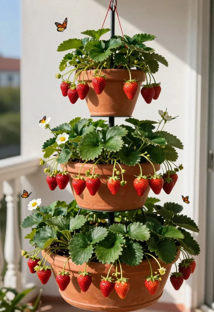 12 Hanging Strawberry Planter Ideas for Small Balconies and Patios - 3. Hanging Strawberry Towers 1