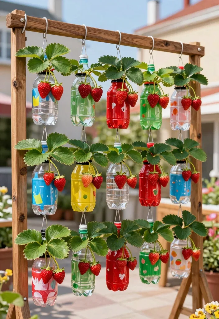 12 Hanging Strawberry Planter Ideas for Small Balconies and Patios - 5. Upcycled Plastic Bottles 1