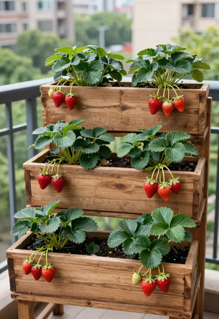 12 Hanging Strawberry Planter Ideas for Small Balconies and Patios - 6. Tiered Wooden Planters 1