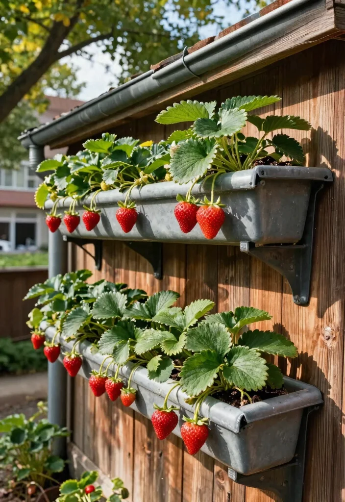 12 Hanging Strawberry Planter Ideas for Small Balconies and Patios - 7. Hanging Gutters 1