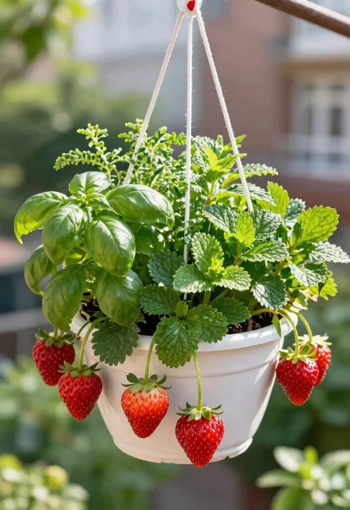 12 Hanging Strawberry Planter Ideas for Small Balconies and Patios - 8. Hanging Herb Gardens with Strawberries 1