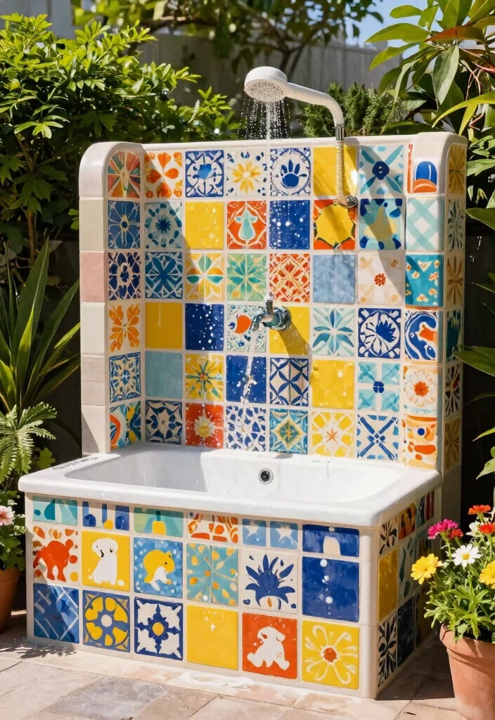 12 Outdoor Dog Washing Station Ideas That Keep the Mess Outside - 7. Colorful Tile Splash Wall 1