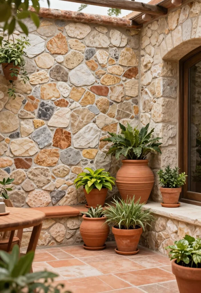 12 Patio Wall Decor Ideas That Withstand Rain and Sun Fade - 12. Terracotta and Stone Arrangements 1