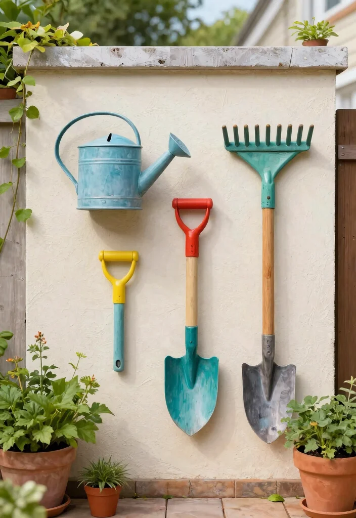 12 Patio Wall Decor Ideas That Withstand Rain and Sun Fade - 5. Upcycled Garden Tools 1