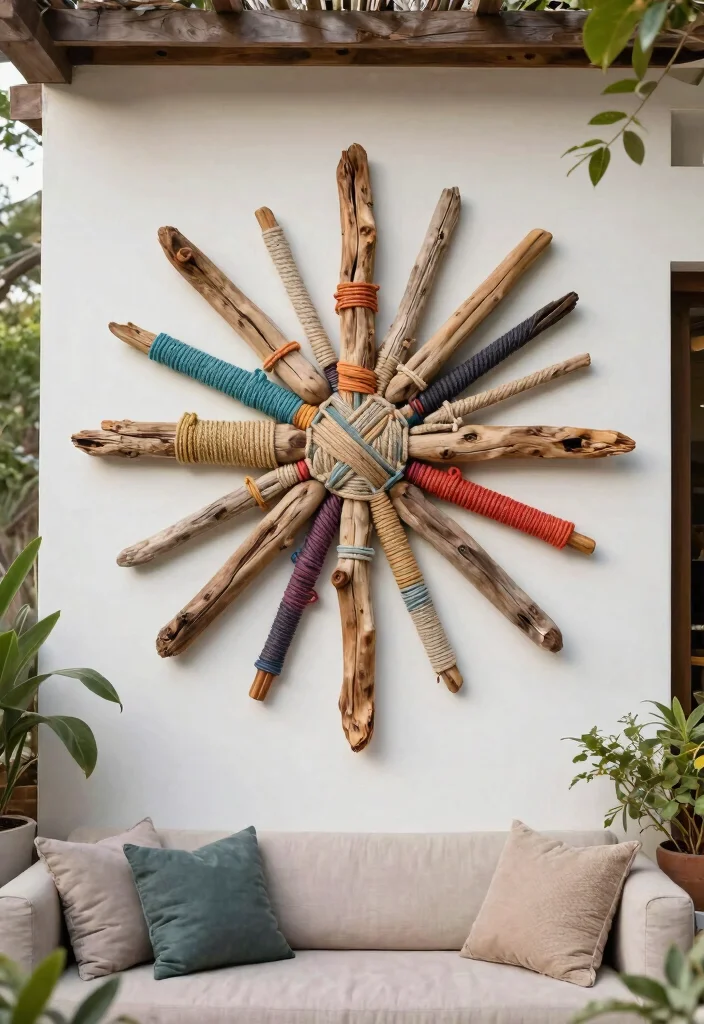 12 Patio Wall Decor Ideas That Withstand Rain and Sun Fade - 6. Rope and Driftwood Art 1