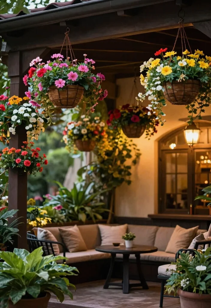 12 Patio Wall Decor Ideas That Withstand Rain and Sun Fade - 9. Hanging Flower Baskets 1