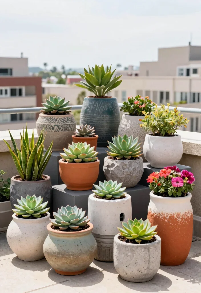 12 Rooftop Terrace Decor Concepts That Handle Wind and Full Sun - 1. Wind-Resistant Planters 1