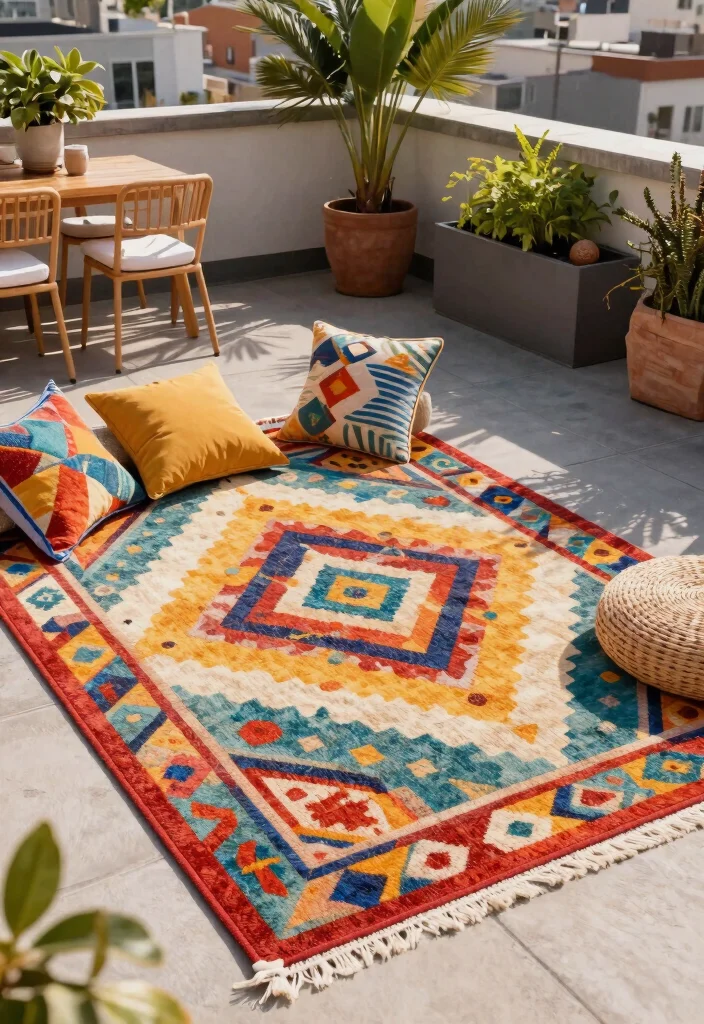 12 Rooftop Terrace Decor Concepts That Handle Wind and Full Sun - 6. Durable Rugs 1
