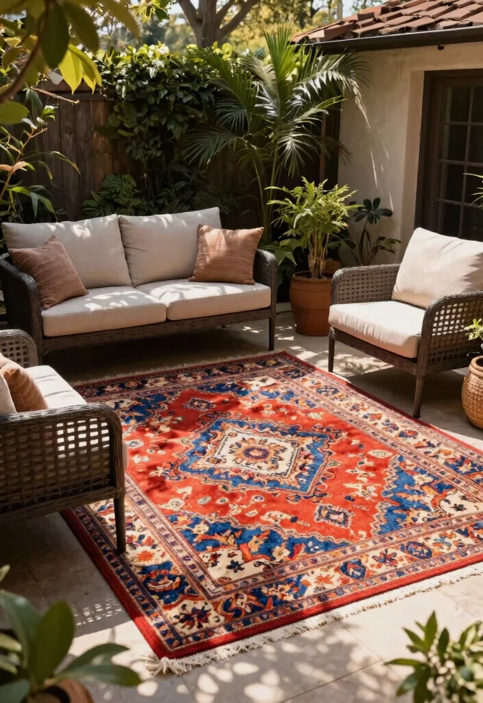 12 Small Patio Decor Ideas That Make a Tiny Space Feel Bigger - 8. Outdoor Rugs 1
