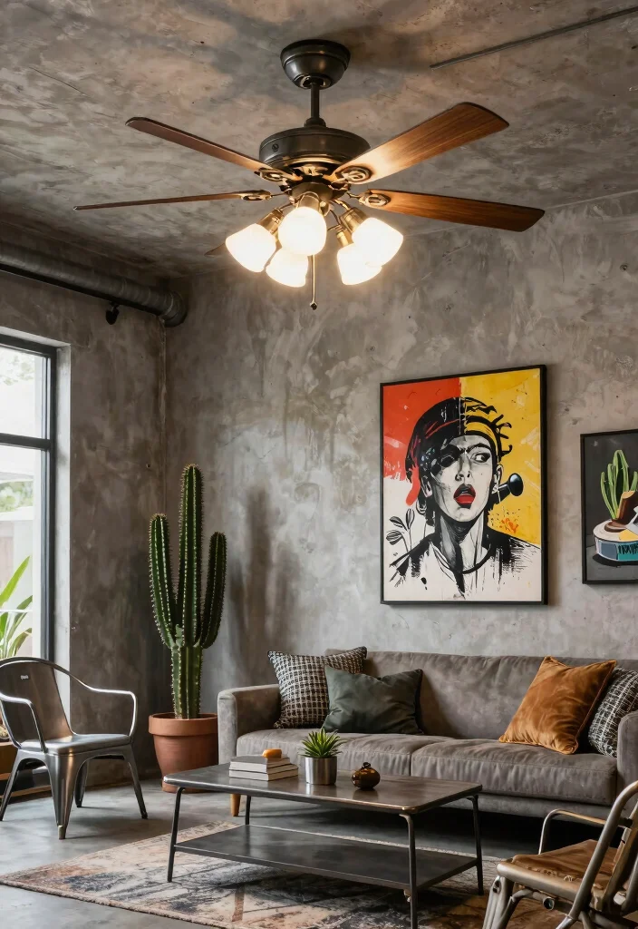14 Ceiling Fans with Light Living Room Ideas for Low Ceilings - 10. Industrial-style Fan with Halogen Lights 1