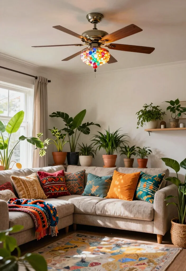 14 Ceiling Fans with Light Living Room Ideas for Low Ceilings - 13. Bohemian-style Fan with Colorful Beaded Lights 1