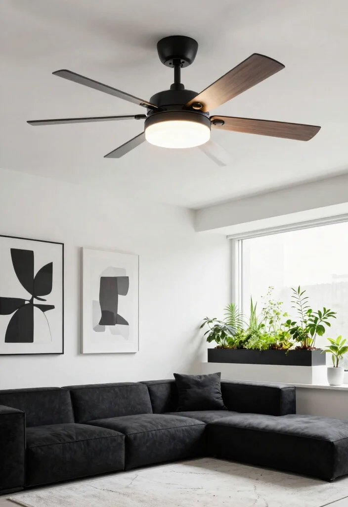 14 Ceiling Fans with Light Living Room Ideas for Low Ceilings - 3. Contemporary Black Fan with Crisp White Lights 1