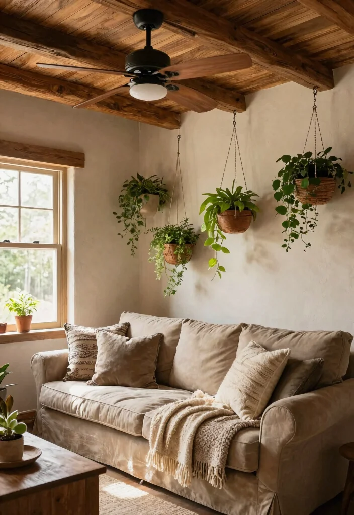 14 Ceiling Fans with Light Living Room Ideas for Low Ceilings - 4. Rustic Wood Fan with Soft Pendant Lighting 1