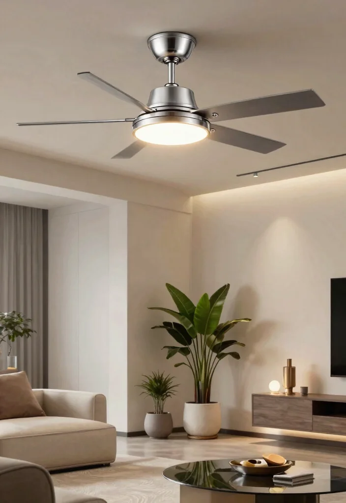 14 Ceiling Fans with Light Living Room Ideas for Low Ceilings - 5. Sleek Chrome Fan with Integrated Smart Lighting 1