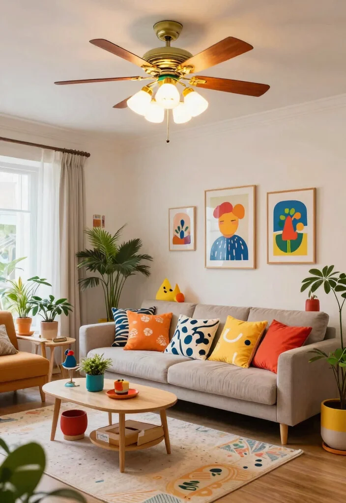 14 Ceiling Fans with Light Living Room Ideas for Low Ceilings - 6. Colorful Ceiling Fan with Light Shades 1