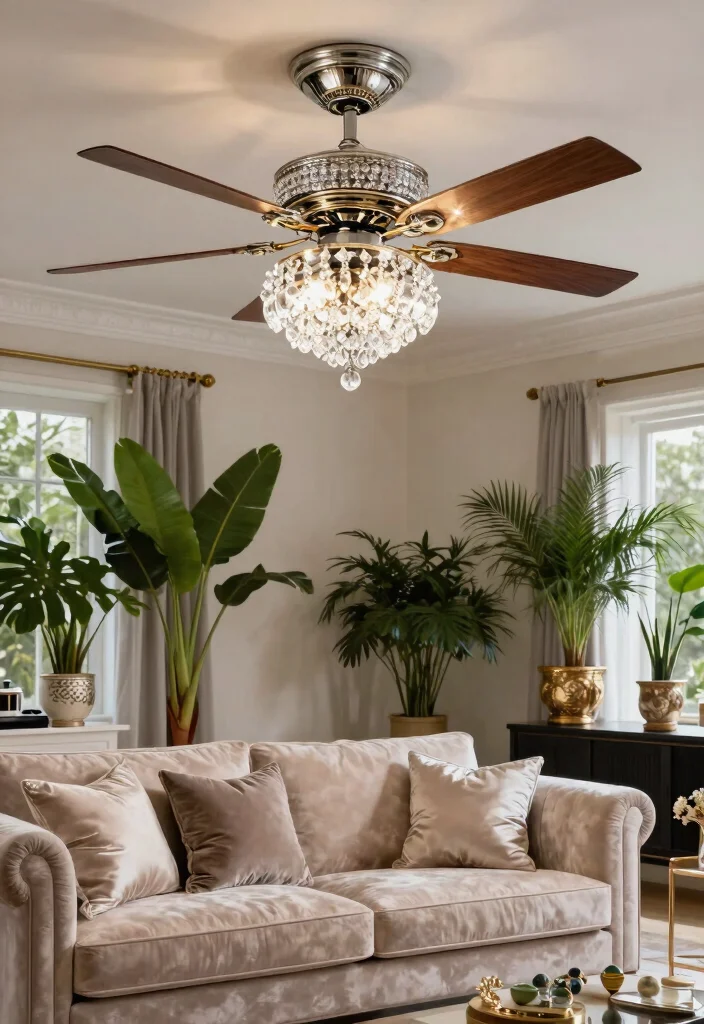 14 Ceiling Fans with Light Living Room Ideas for Low Ceilings - 7. Elegant Crystal Fan with Adjustable Lighting 1