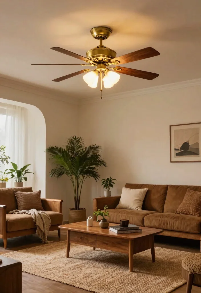 14 Ceiling Fans with Light Living Room Ideas for Low Ceilings - 8. Classic Brass Fan with Warm Lighting 1