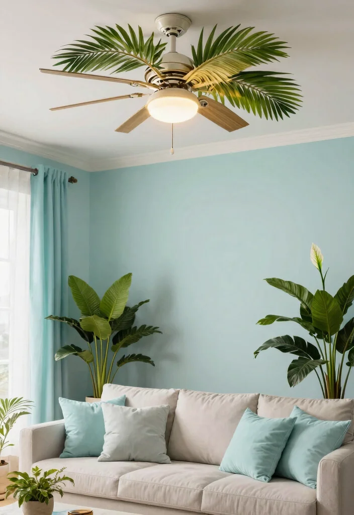 14 Ceiling Fans with Light Living Room Ideas for Low Ceilings - 9. Tropical Palm Fan with Soft Ambient Lighting 1