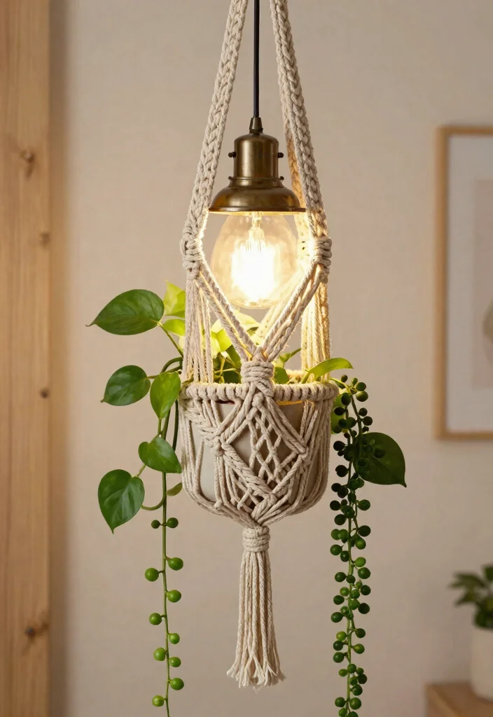 14 Hanging Ceiling Light Ideas That Don't Require Rewiring or New Boxes - 1. DIY Macramé Plant Hanger with Pendant Light 1